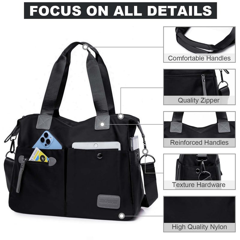 YouNuo Women's Tote Bag with Multiple Pockets & Zipper, Black 1, Nylon, 13"L x 11.8"H x 5.1"D, 6"-drop dual handles, Detachable adjustable shoulder strap included - Image 3